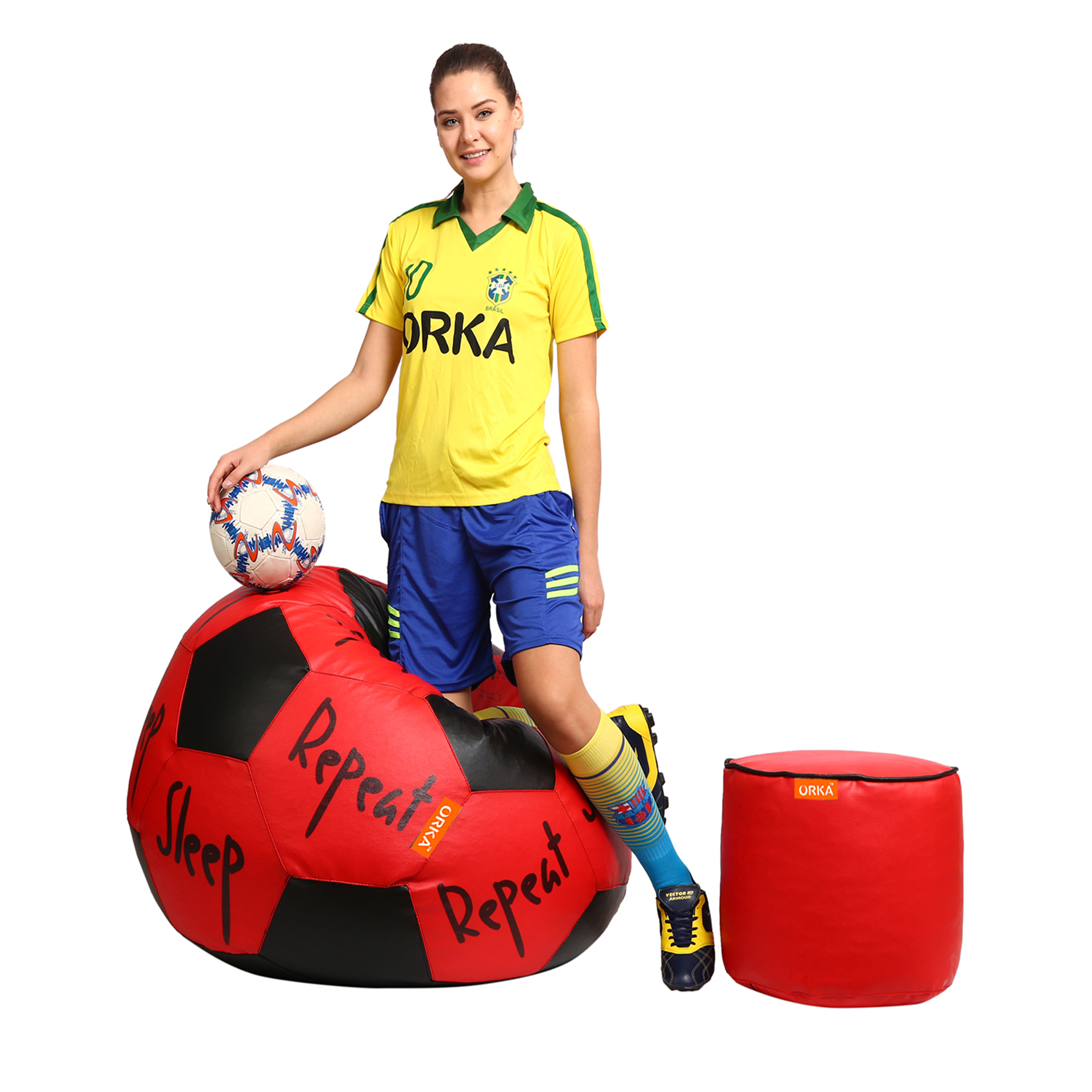 Orka Digital Printed XXL Foorball With Mathching Footstool Filled Bean Bag With Beans (FB14 Red,Black) view 3